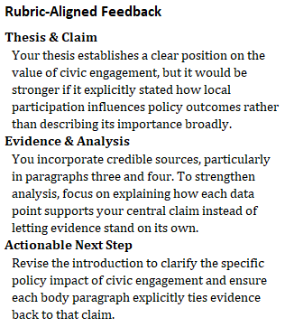Rubric-aligned student feedback with actionable comments